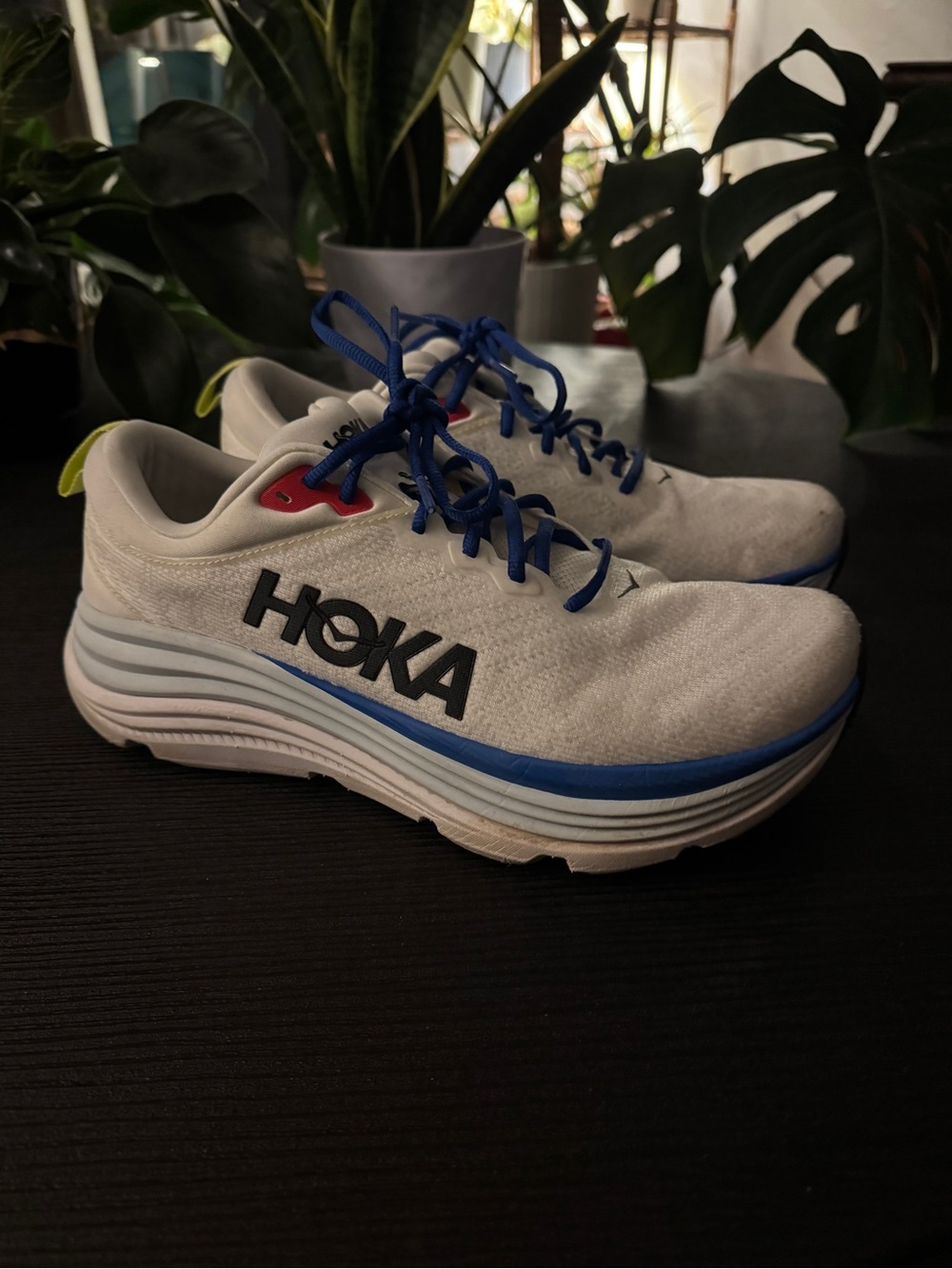 Hoka White Trainers with Blue and Black Accents